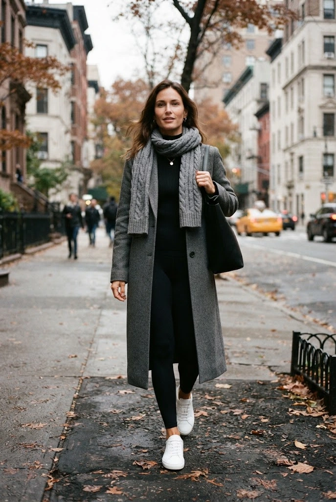 Long Gray Coat + Black Leggings + Sneakers