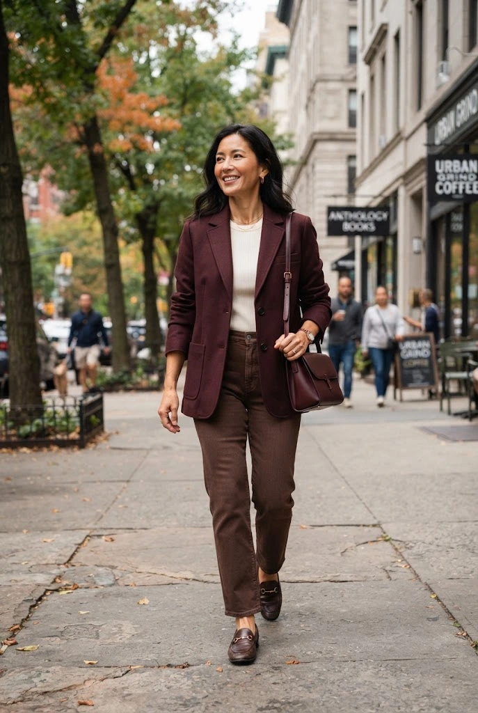 Burgundy Blazer + Chocolate Brown Jeans