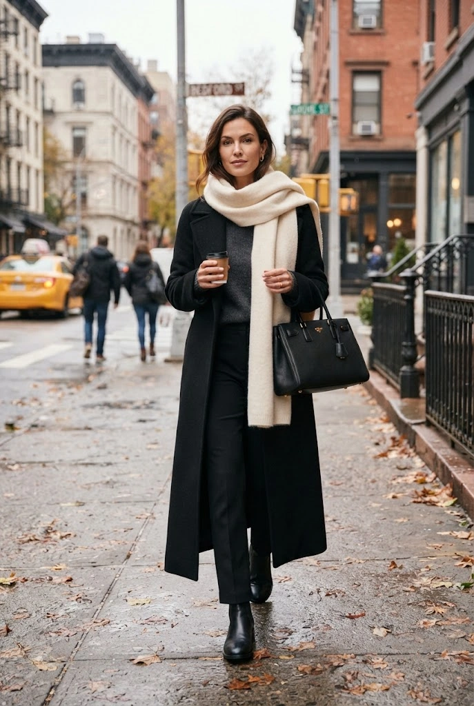Black Maxi Coat + Cream Scarf + Chelsea Boots