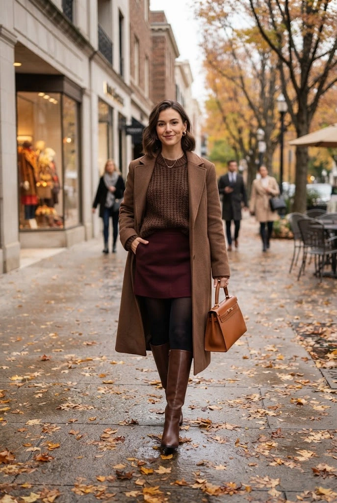 Burgundy Mini Skirt + Chocolate Brown Knee-High Boots