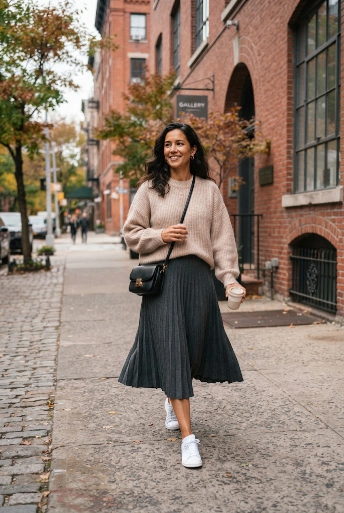 Soft Beige Sweater + Pleated Skirt + Sneakers