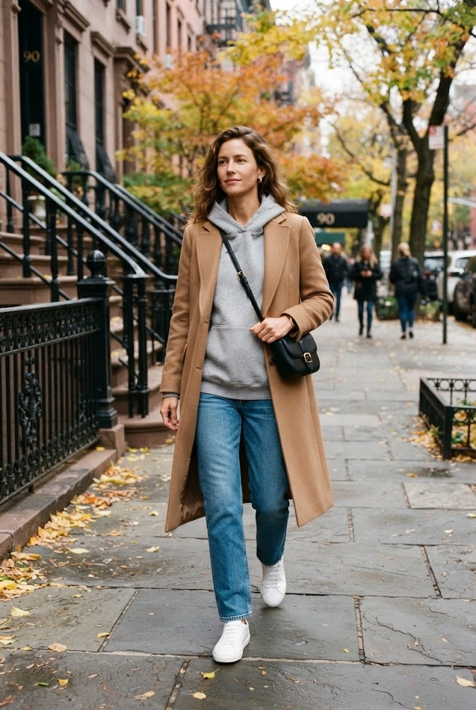 Oversized Gray Hoodie + Tailored Coat + Jeans