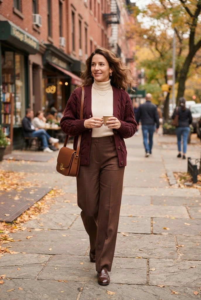 Burgundy Cardigan + Chocolate Brown Wide-Leg Trousers