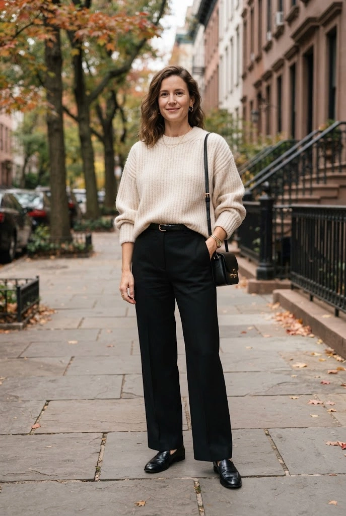 Cream Sweater + Black Wide-Leg Trousers + Loafers