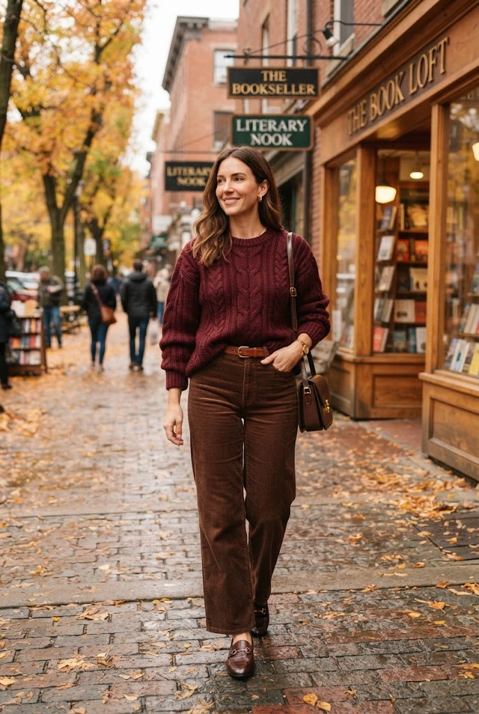 Burgundy Cable-Knit Sweater + Chocolate Brown Corduroy Pants