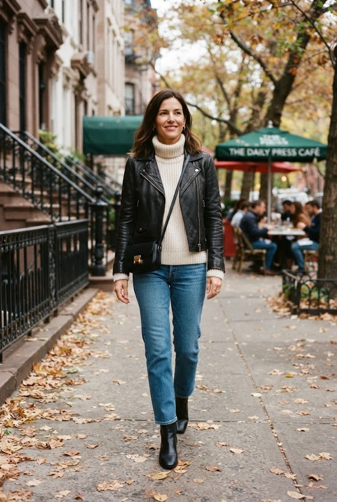 Black Leather Jacket + Cream Sweater + Blue Denim