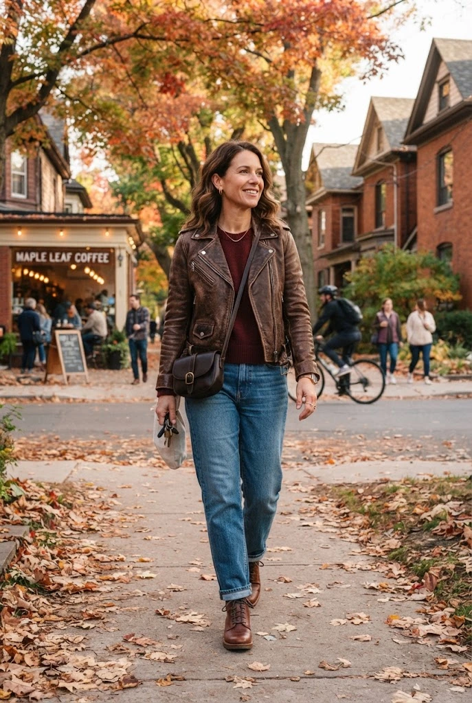 Brown Leather Jacket + Burgundy Sweater + Jeans