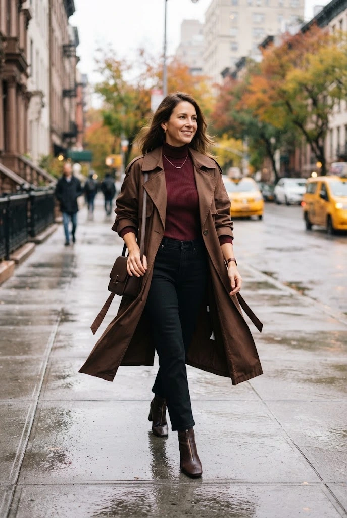 Chocolate Brown Trench + Burgundy Knit Top + Black Jeans