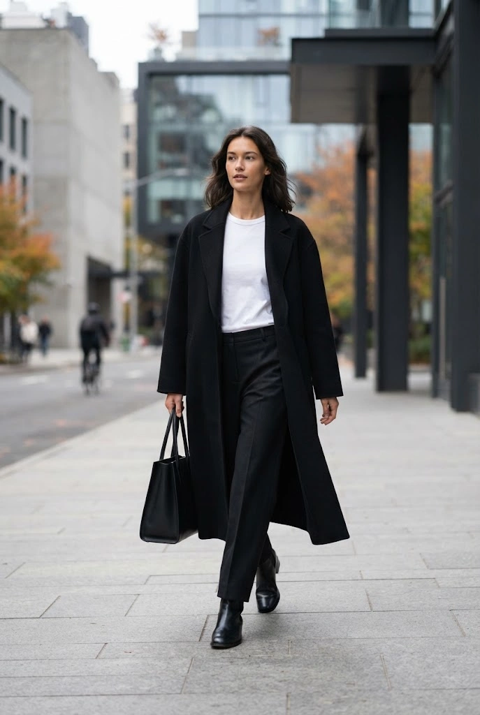Oversized Black Coat + White Tee + Black Trousers