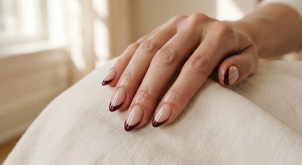 Almond nails with sheer nude bases and elegant maroon French tips.