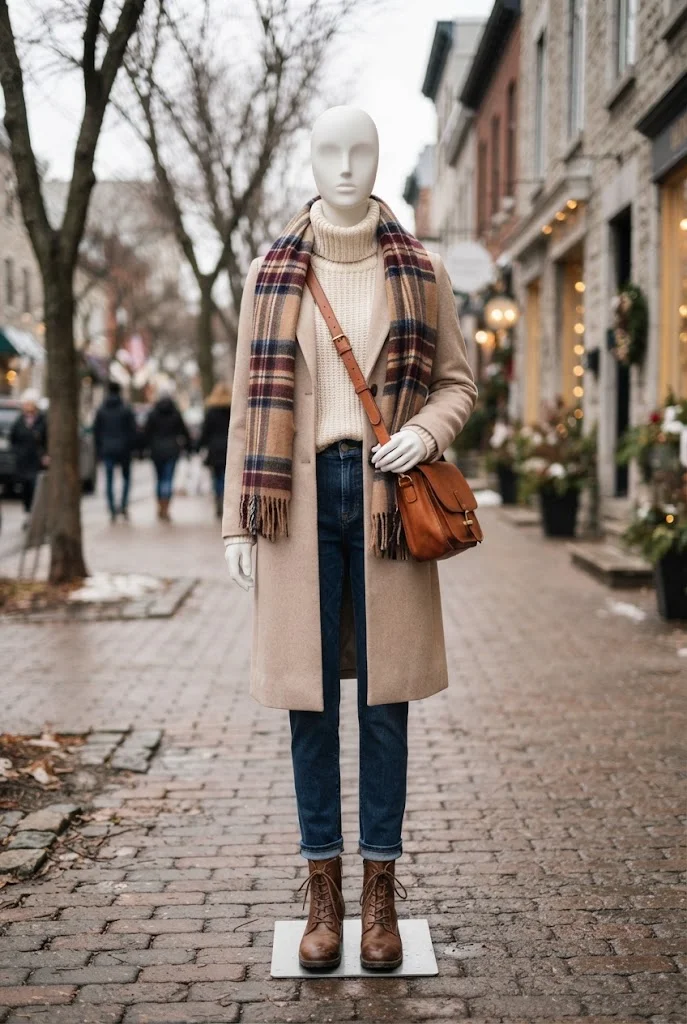 Beige winter coat layered with a plaid scarf, jeans, and ankle boots.