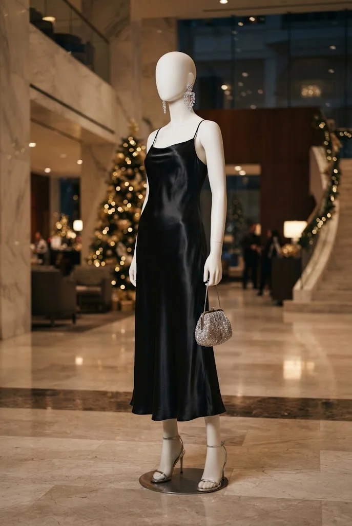 Black satin slip dress styled with statement earrings and metallic heels in an elegant hotel setting.