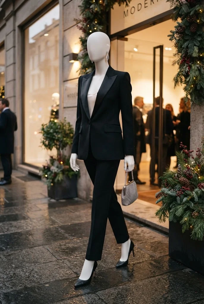 Black tailored tuxedo suit with an ivory camisole and metallic clutch for a holiday party.