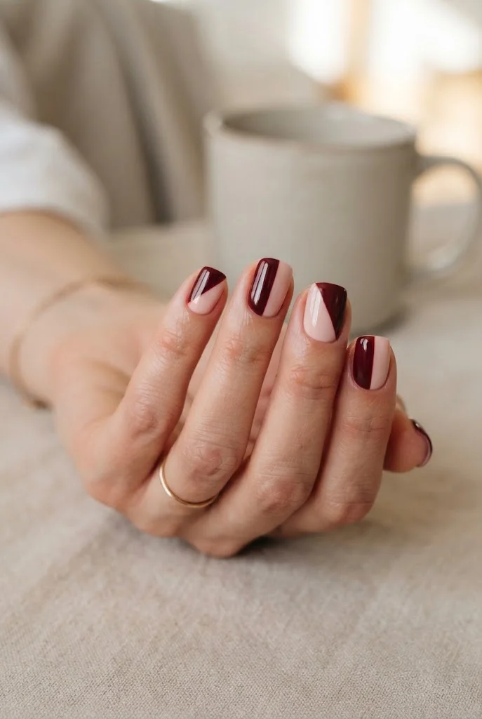 Blush pink and burgundy color-blocked September nails.