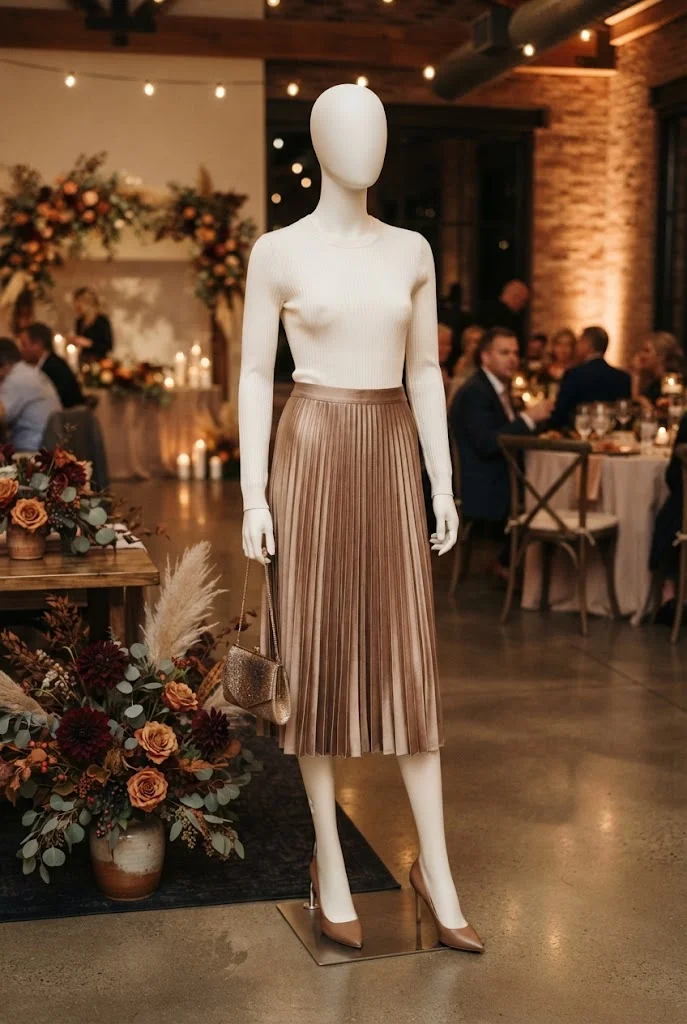 Bronze pleated midi skirt with an ivory knit top for a fall wedding guest look.