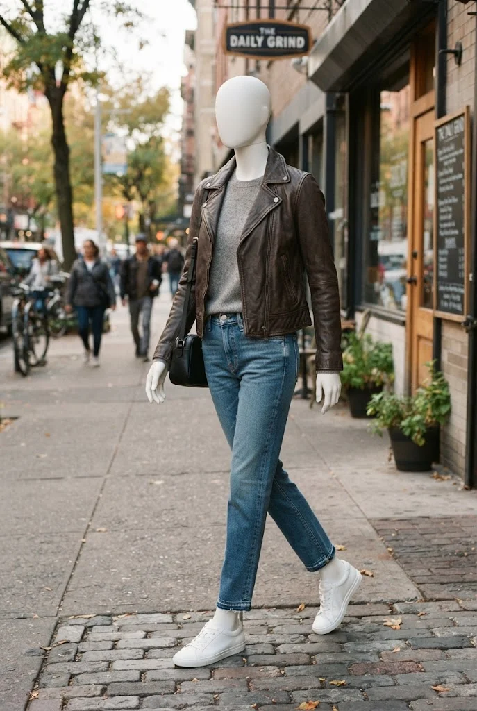 Brown leather jacket, gray knit top, straight-leg jeans, white sneakers, and black shoulder bag outside a coffee shop.