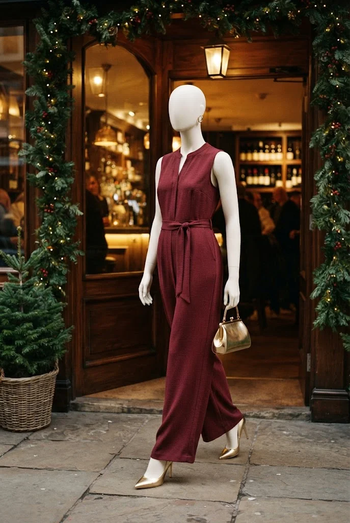 Burgundy tailored jumpsuit with gold heels and accessories for a Christmas celebration.