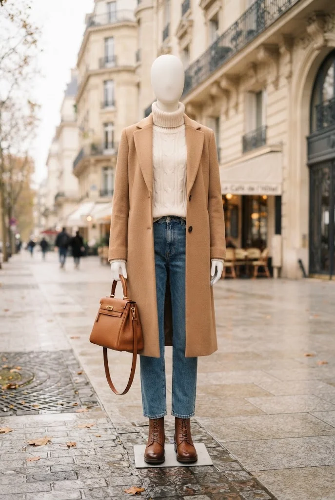 Camel coat styled with a cream sweater, jeans, and brown ankle boots.