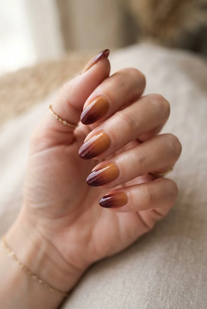 Caramel and burgundy ombre almond nails with a glossy finish.