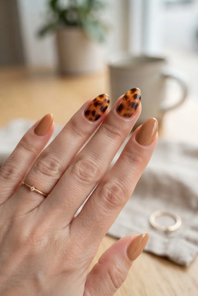 Caramel nude nails with glossy tortoiseshell accent nails.