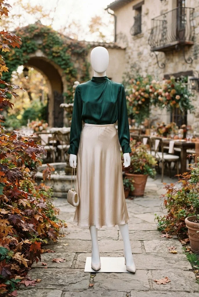 Champagne satin midi skirt paired with an emerald blouse for a fall wedding.