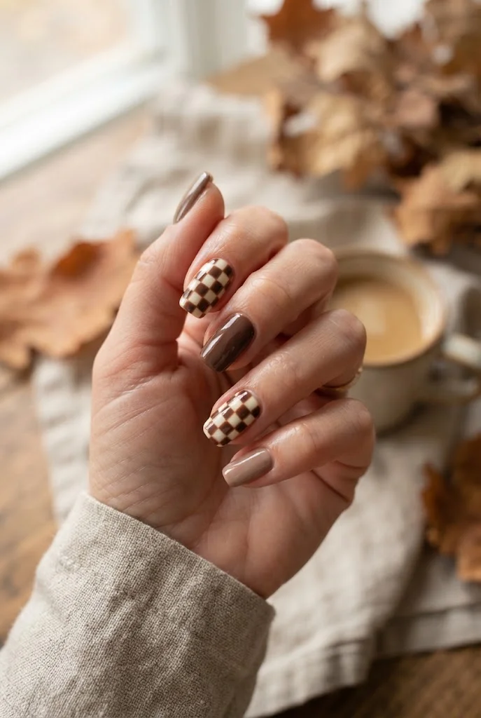 Chocolate brown and cream checkerboard accent nails.