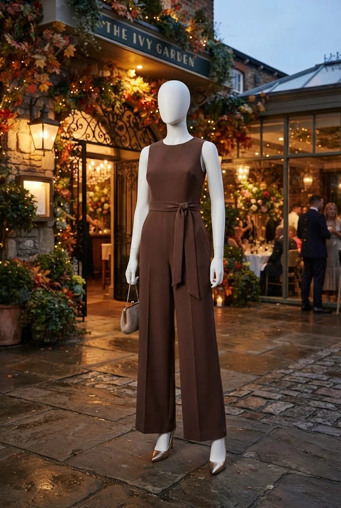 Chocolate brown tailored jumpsuit styled with metallic heels for a fall wedding reception.
