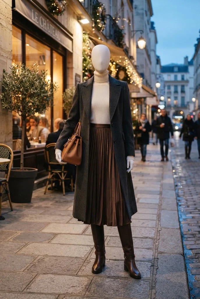 Cream turtleneck and chocolate satin midi skirt styled with a winter coat.