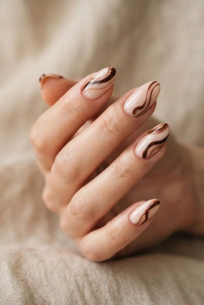 Creamy nude almond nails with chocolate brown swirl nail art.