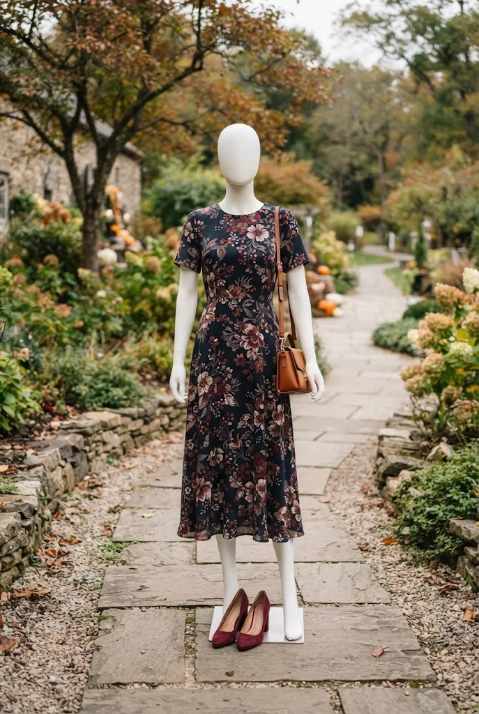 Dark floral midi dress with burgundy and rust accents for a fall wedding.