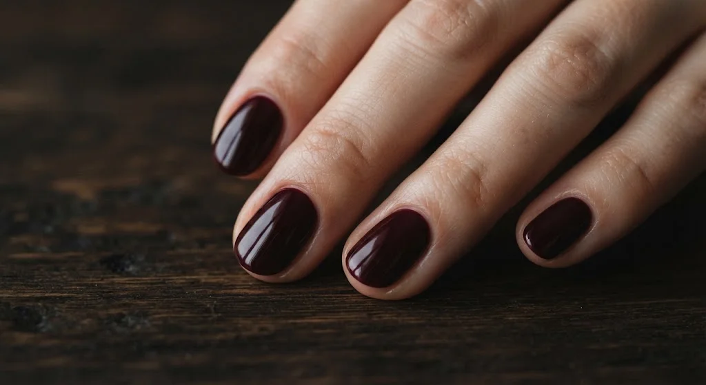 Deep burgundy-maroon glossy nails with a rich wine-toned finish.