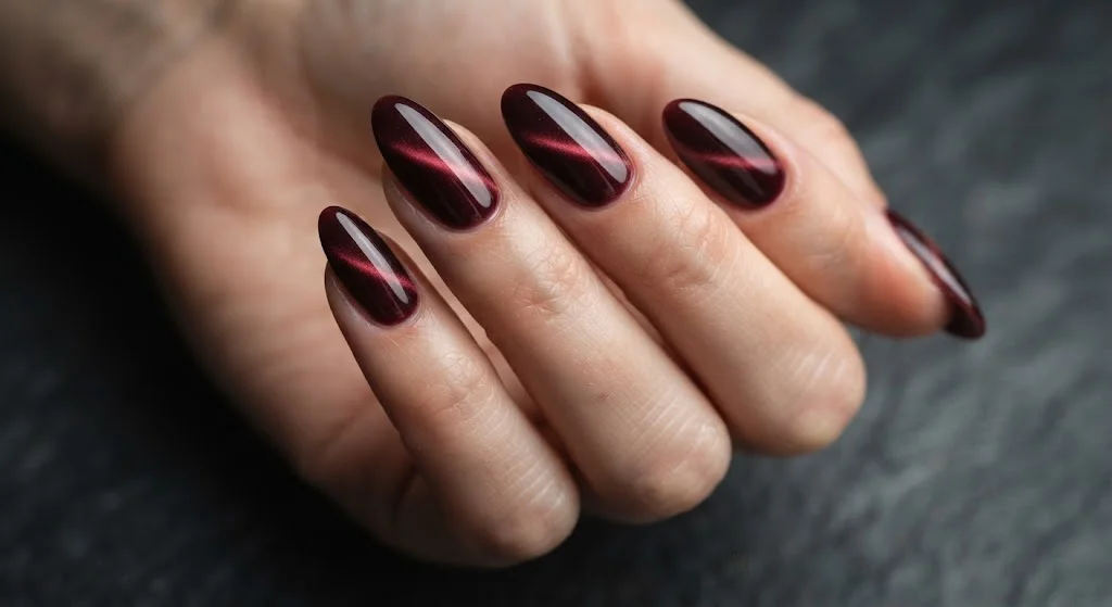Deep maroon almond nails with a dimensional magnetic cat-eye finish.