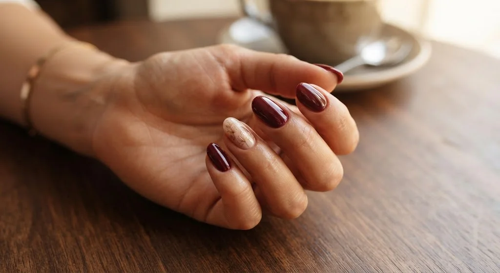 Deep maroon manicure with delicate gold linework accent nails.