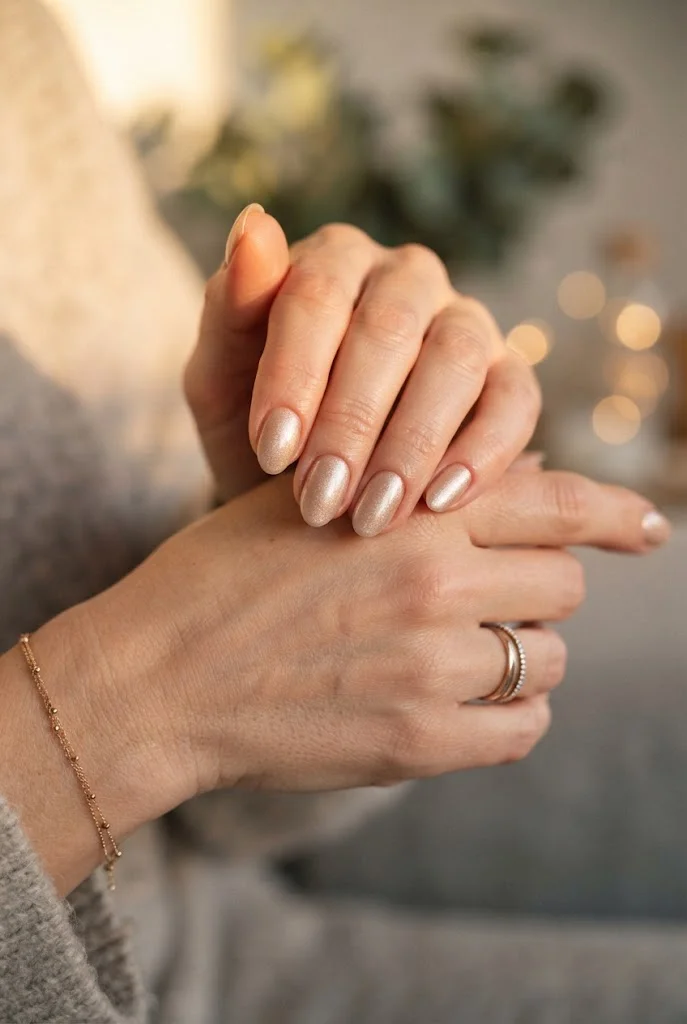 Elegant champagne shimmer oval nails for winter occasions.