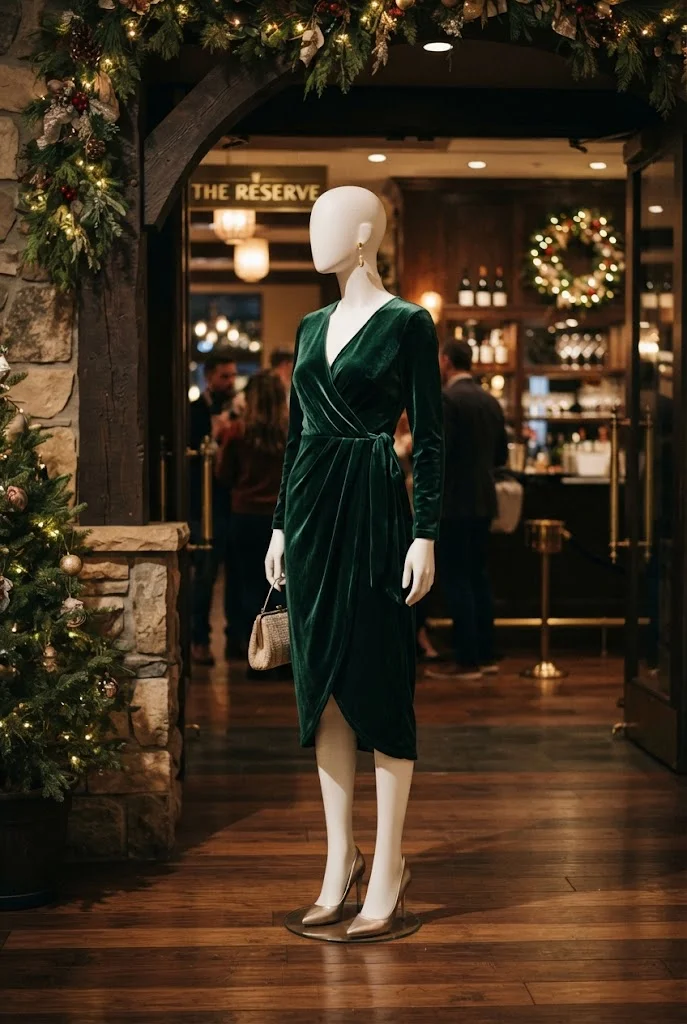 Emerald green velvet wrap dress styled with champagne heels for a Christmas cocktail party.
