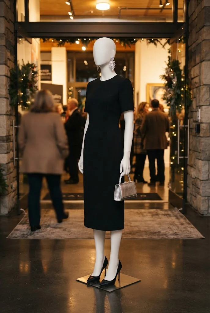 Faceless boutique mannequin in a black midi dress with crystal statement earrings at a holiday gallery event.