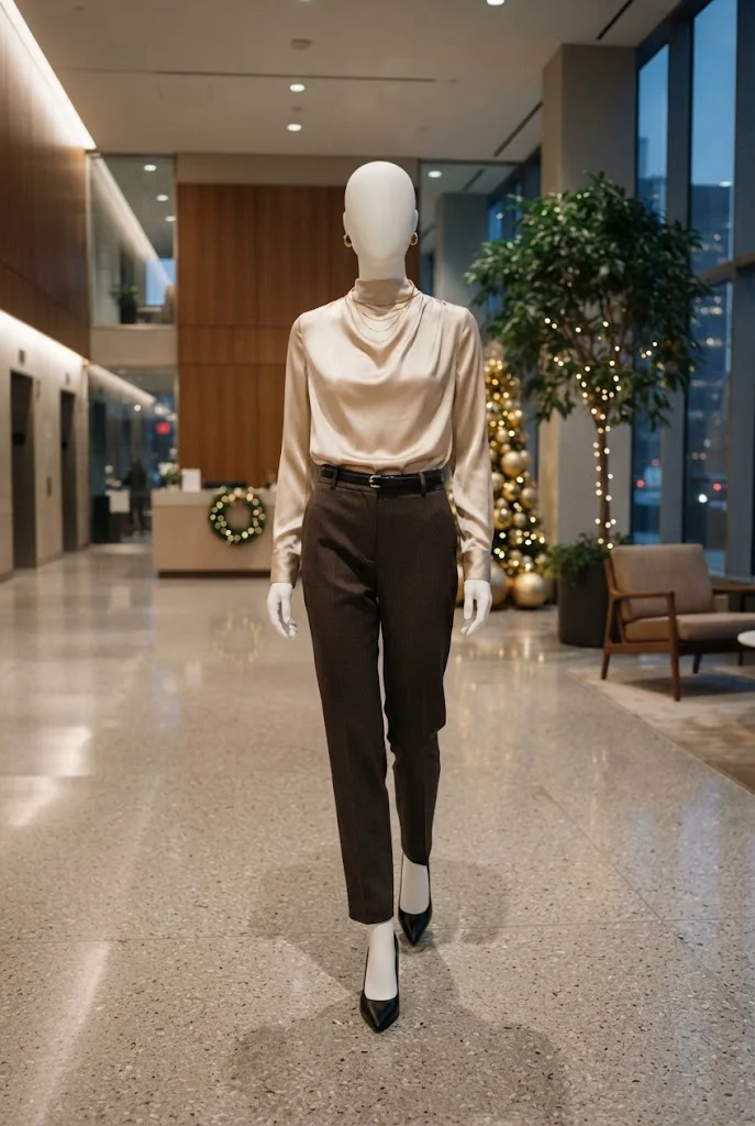 Faceless boutique mannequin wearing a champagne satin blouse and tailored espresso trousers in a festive office lobby.