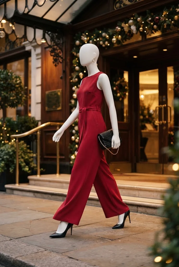 Faceless boutique mannequin wearing a tailored ruby-red jumpsuit at a festive hotel entrance.