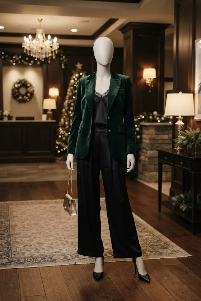 Faceless mannequin wearing a forest-green velvet blazer with black satin trousers at a holiday restaurant.