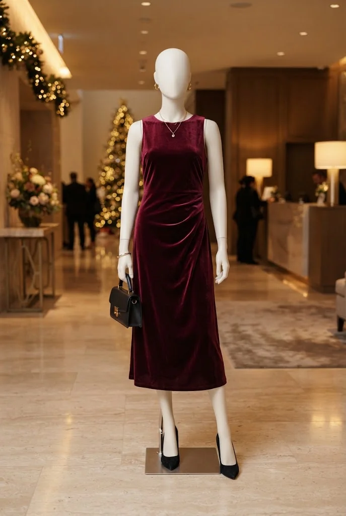 Faceless white boutique mannequin wearing a burgundy velvet midi dress with gold jewelry and heels at an elegant holiday venue.