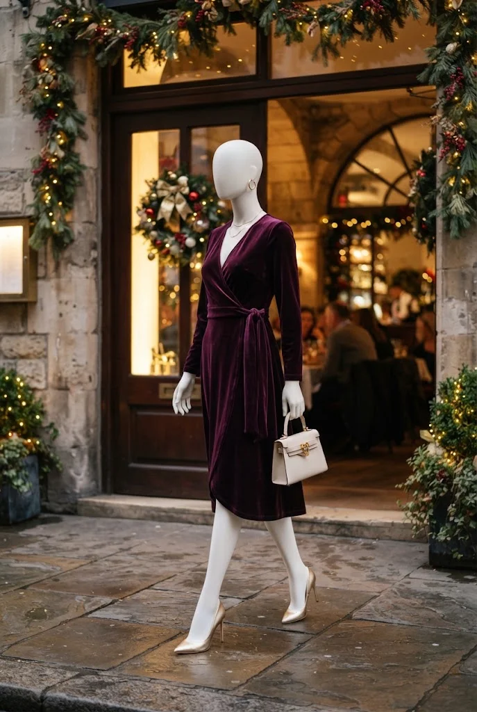 Faceless white mannequin wearing a plum velvet wrap dress with gold accessories at a holiday restaurant.