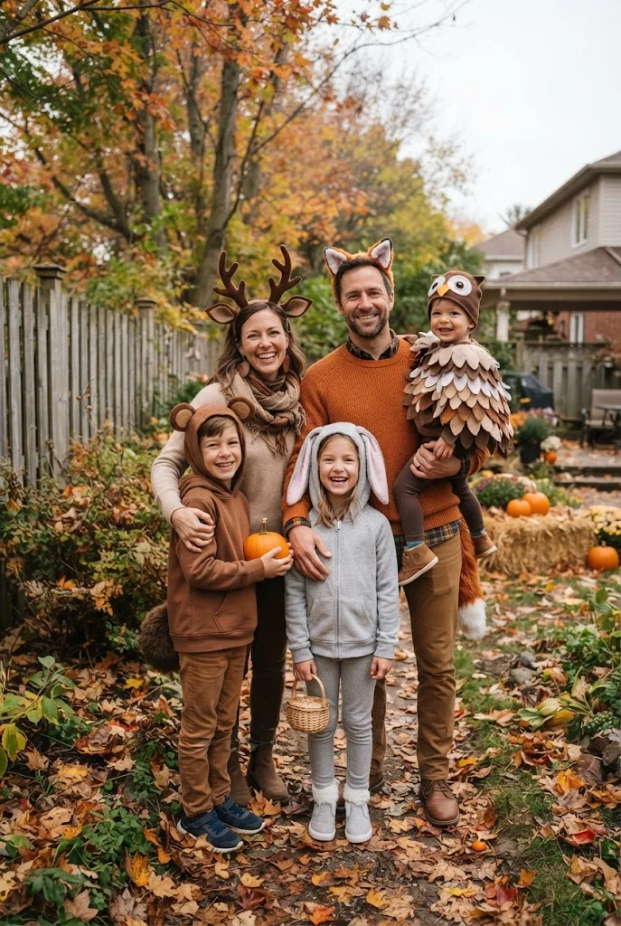 Family in cozy homemade woodland animal costumes surrounded by autumn leaves.