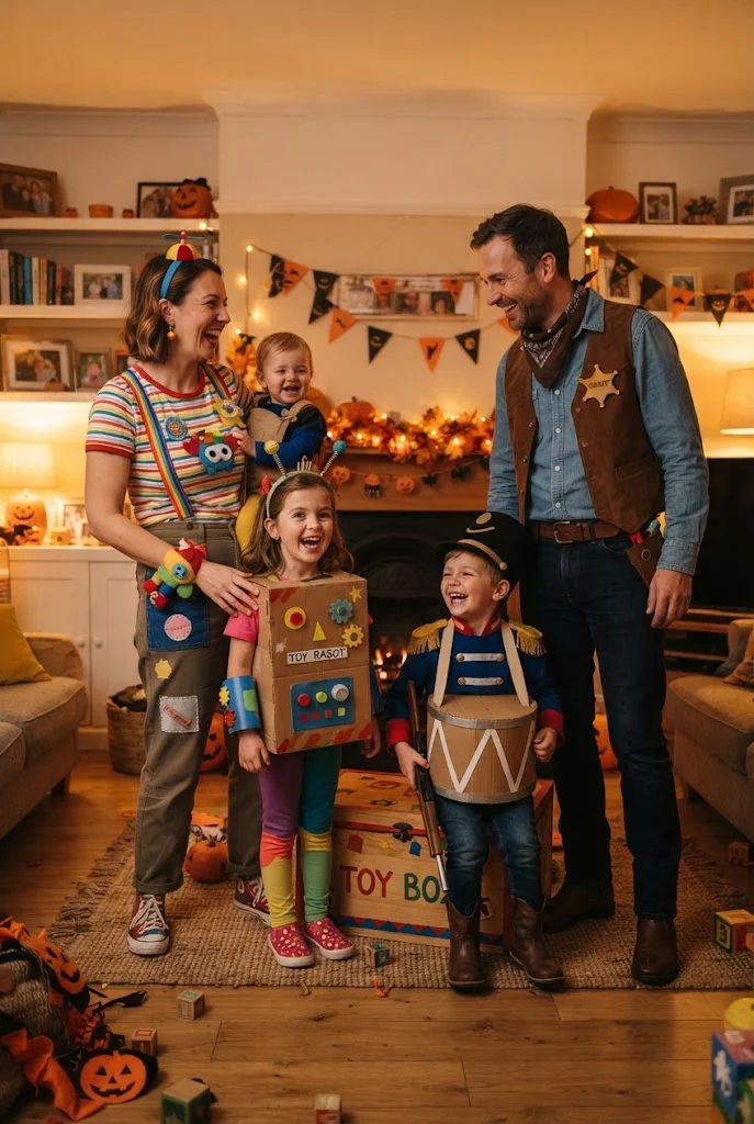 Family wearing colorful homemade toy-inspired Halloween costumes in a cozy living room.