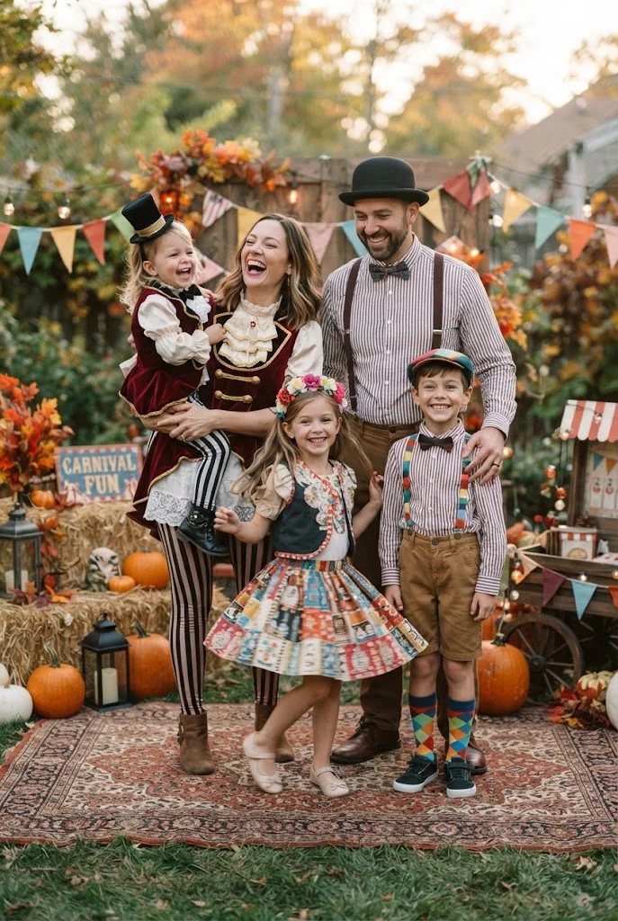 Family wearing colorful original circus-inspired Halloween costumes in an autumn backyard.