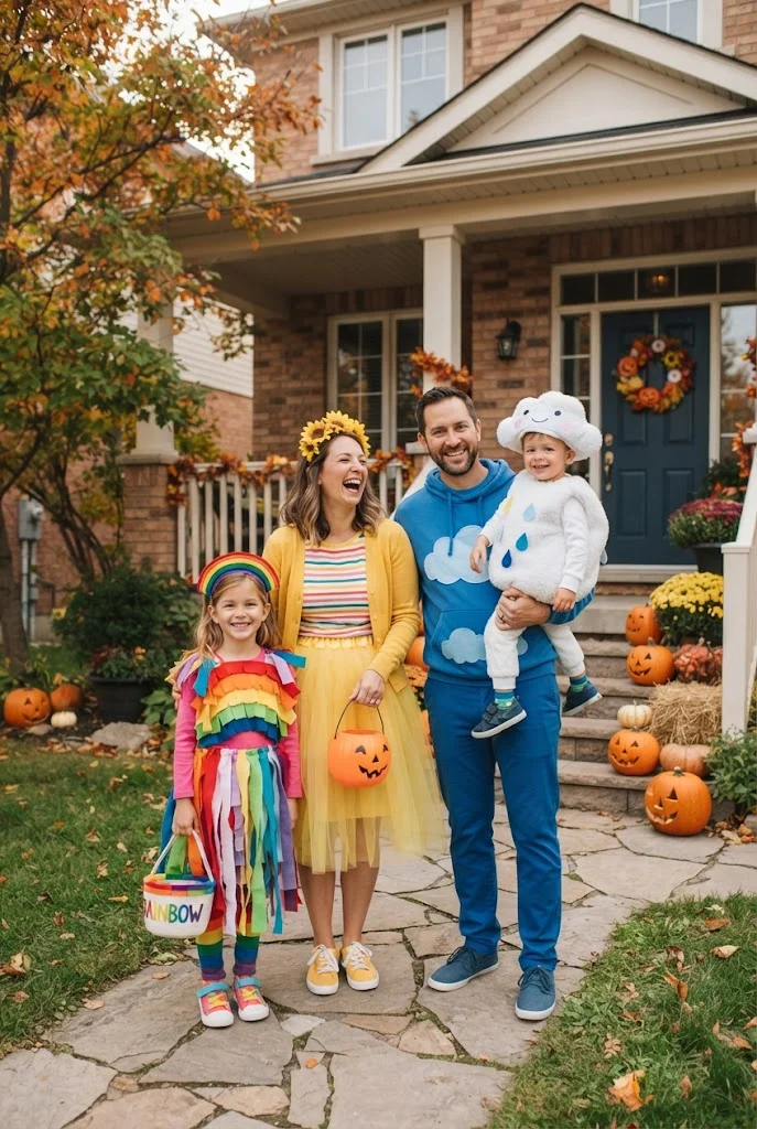 Family wearing colorful rainbow and cloud-inspired DIY Halloween costumes.