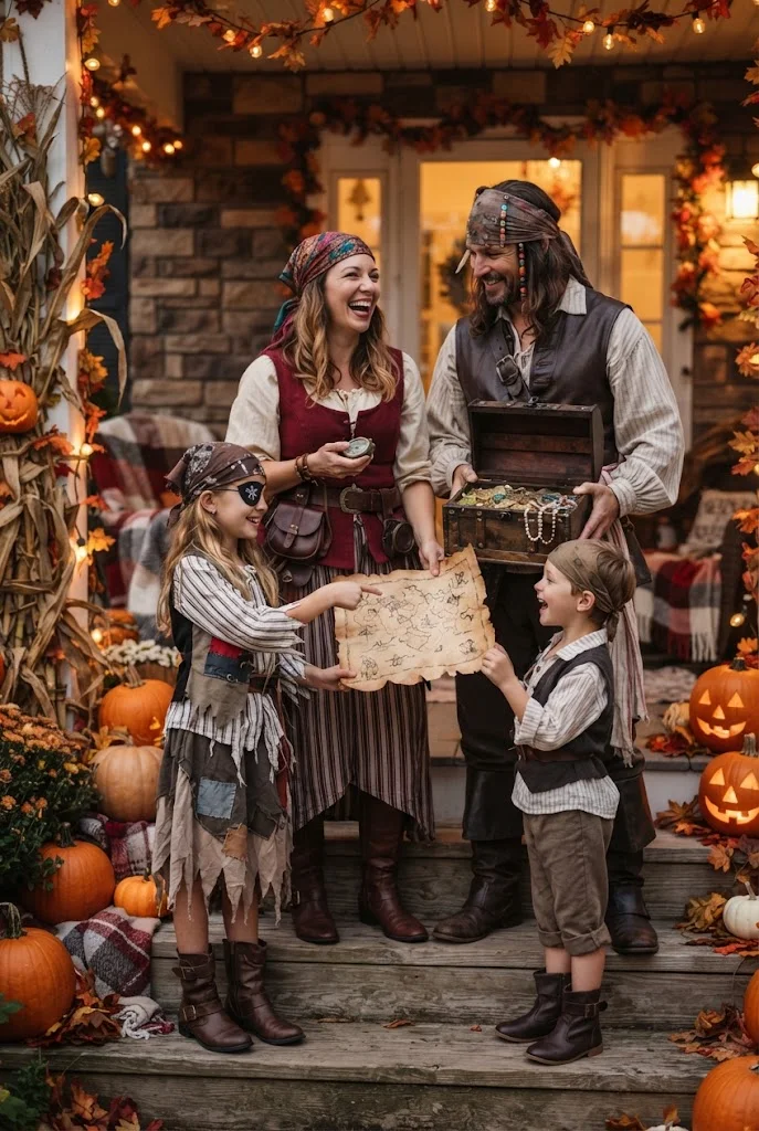 Family wearing homemade pirate-inspired Halloween costumes on an autumn porch.