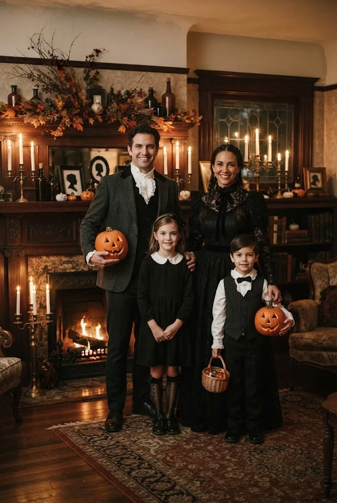 Family wearing original black-and-white gothic Halloween outfits in an older home.