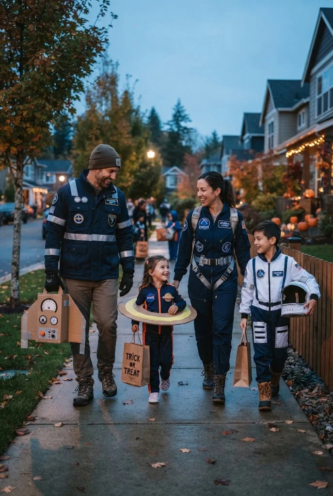 Family wearing original homemade space explorer costumes at dusk.