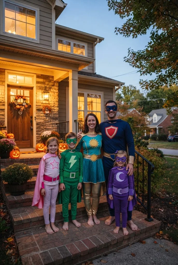 Family wearing original homemade superhero costumes outside a suburban home.