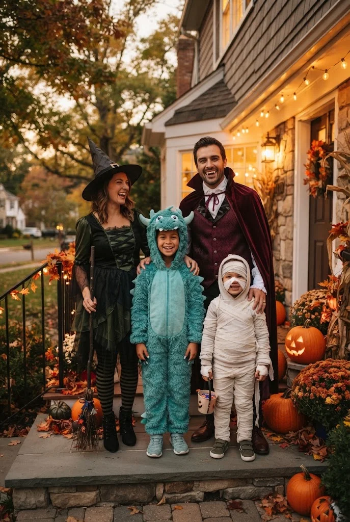 Family wearing playful original classic monster-inspired Halloween costumes.